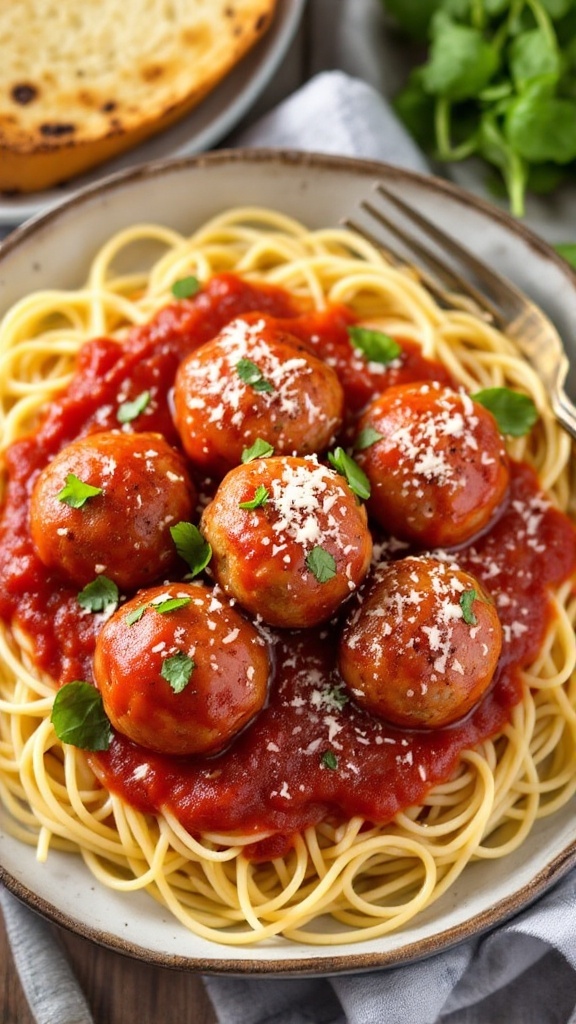 Slow cooker meatballs in marinara sauce over spaghetti, garnished with basil and Parmesan, served with garlic bread.